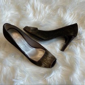 Salvatore Ferragamo Peep Toe Olive Tie-Dye Heels